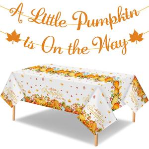 3 Pcs Little Pumpkin Thanksgiving Tablecloths a Little Pumpkin is On The Way Banner Fall Baby Shower Party Supplies 54 x 108 Inch Plastic Table Cover for Gender Reveal Autumn