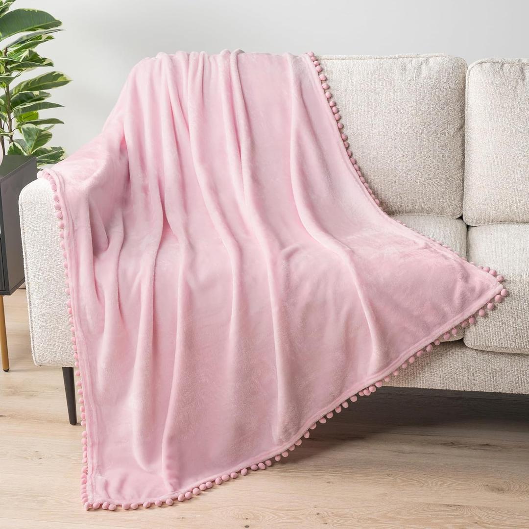 PAVILIA Fleece Throw Blanket for Couch with Pom Pom Fringe, Light Pink, Soft Cozy Fuzzy Flannel Blanket for Sofa Bed, Lightweight Plush All Season Throw, 50x60 Inches (50"x60")
