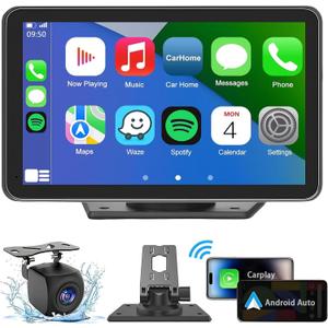 Portable Wireless with Apple CarPlay and Android Auto Screen for Car, 7" HD Touch Screen Car Stereo with Mirror Link, Bluetooth 5.2, Backup Camera, AUX, FM Transmitter for All Vehicle