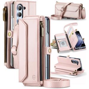 Crossbody Wallet Case Compatible with Samsung Galaxy Z Fold 5 with RFID Blocking Card Holder & Pen Holder Slot Soft PU Leather Shoulder Strap Zipper Pocket Purse Fold 5 Phone Case, Rose Gold