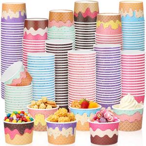 Kochorie 300 Pack 8oz Paper Bowls Disposable Dessert Bowls Ice Cream Containers Sundae Bowls Dessert Yogurt Party Supplies Treat Bowl for Birthday Party Summer Holiday Bar, 6 Designs