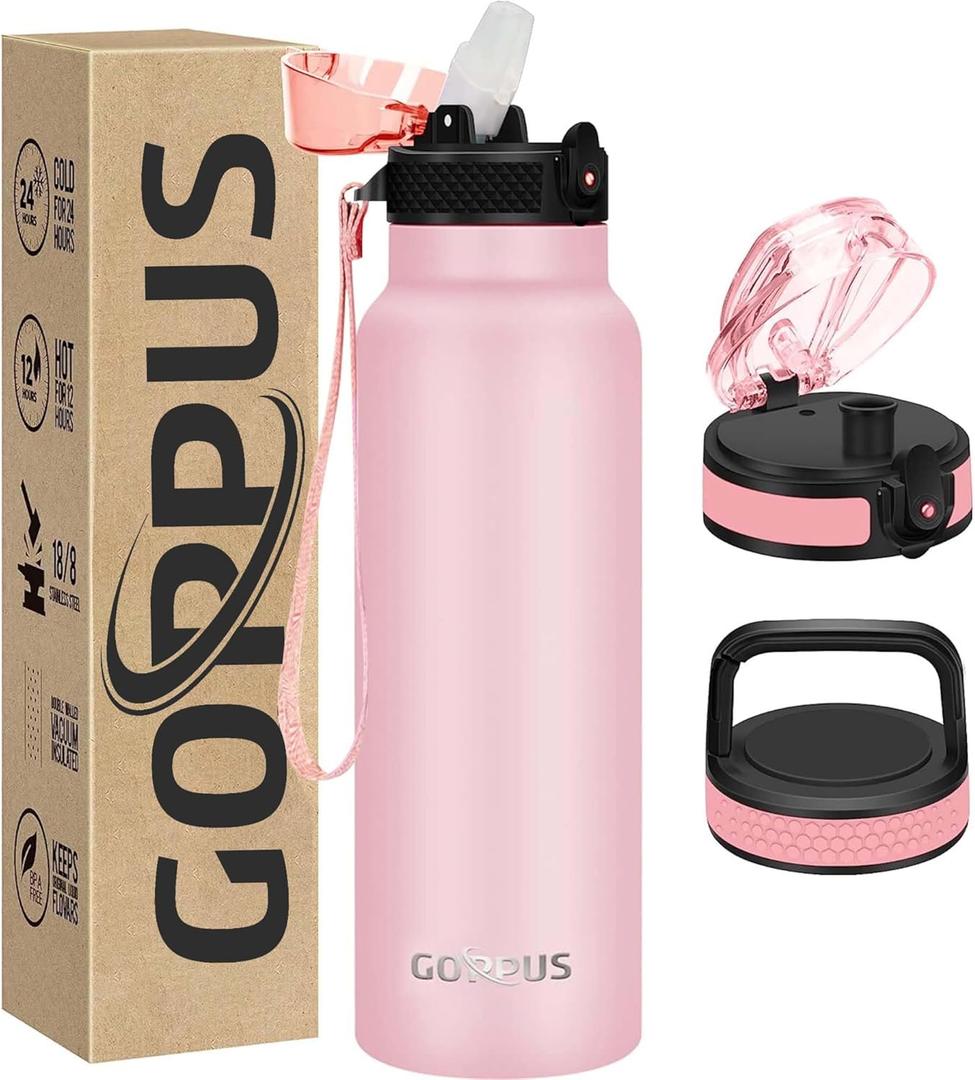 GOPPUS 24 oz Insulated Water Bottle With Straw Stainless Steel Sports Water Cup Flask with 3 Lids (Straw, Spout and Handle Lid) Wide Mouth Metal Water bottles for Men Women (Pink)