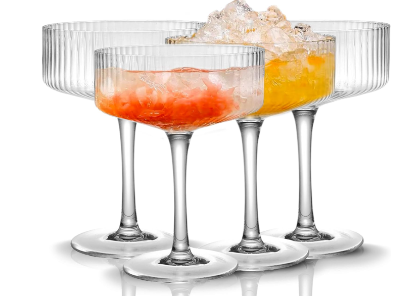 4 Pcs Ribbed Coupe Glasses, 10 oz Vintage Coupe Glass Set, Unique Martini Glass, Classic Cocktail Galssware, Bar Drinking Glasses Set Pefect for Cocktail, Wine, Champagne & Gift