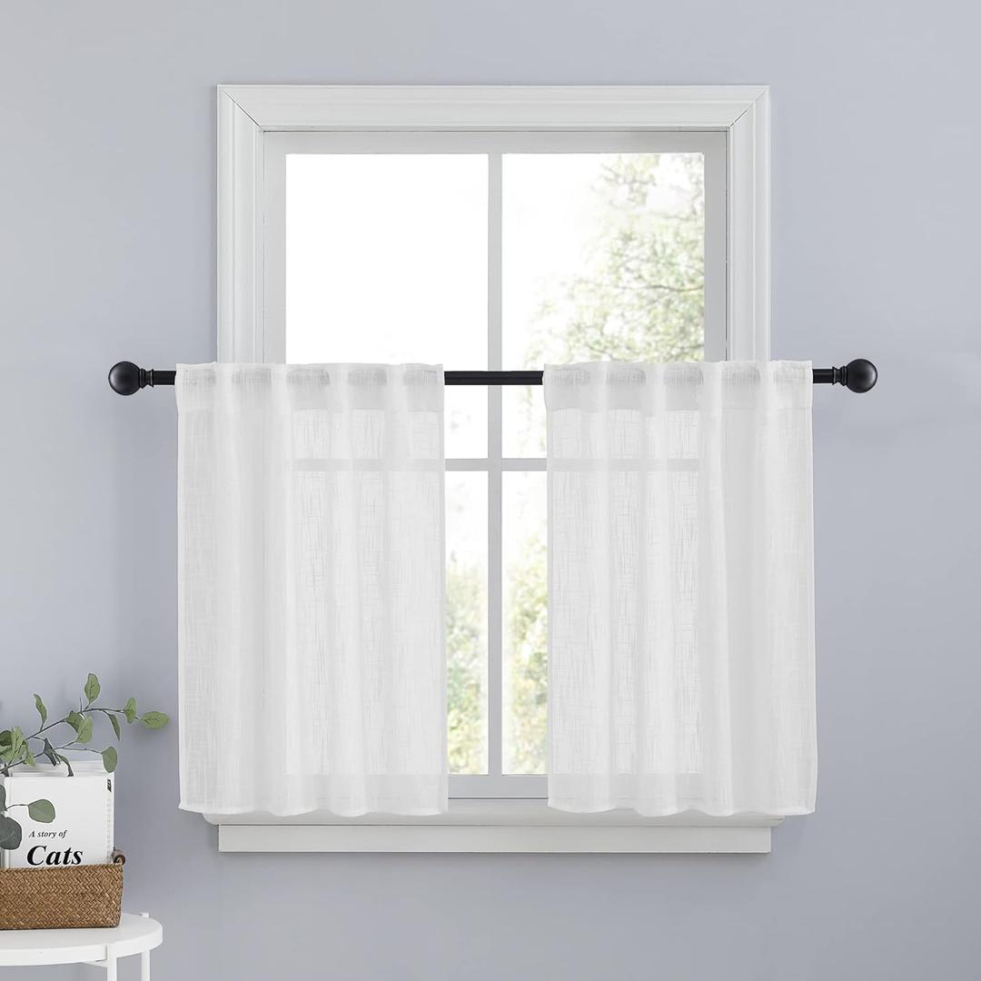 PONY DANCE Cafe Curtains 24 inch Length Set of 2, White Linen Textured Semi Sheer Boho Farmhouse Short Curtains for Small Bathroom RV Basement Country Half Window Tier for Kitchen, 26 inch Wide
