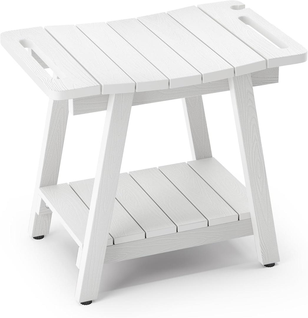 LUE BONA Shower Bench, HDPS Shower Seat with Storage Shelf, Waterproof Shower Chair, Non-Slip Shower Stool for Adults, Elderly, Disabled, Seniors, Large Size, White