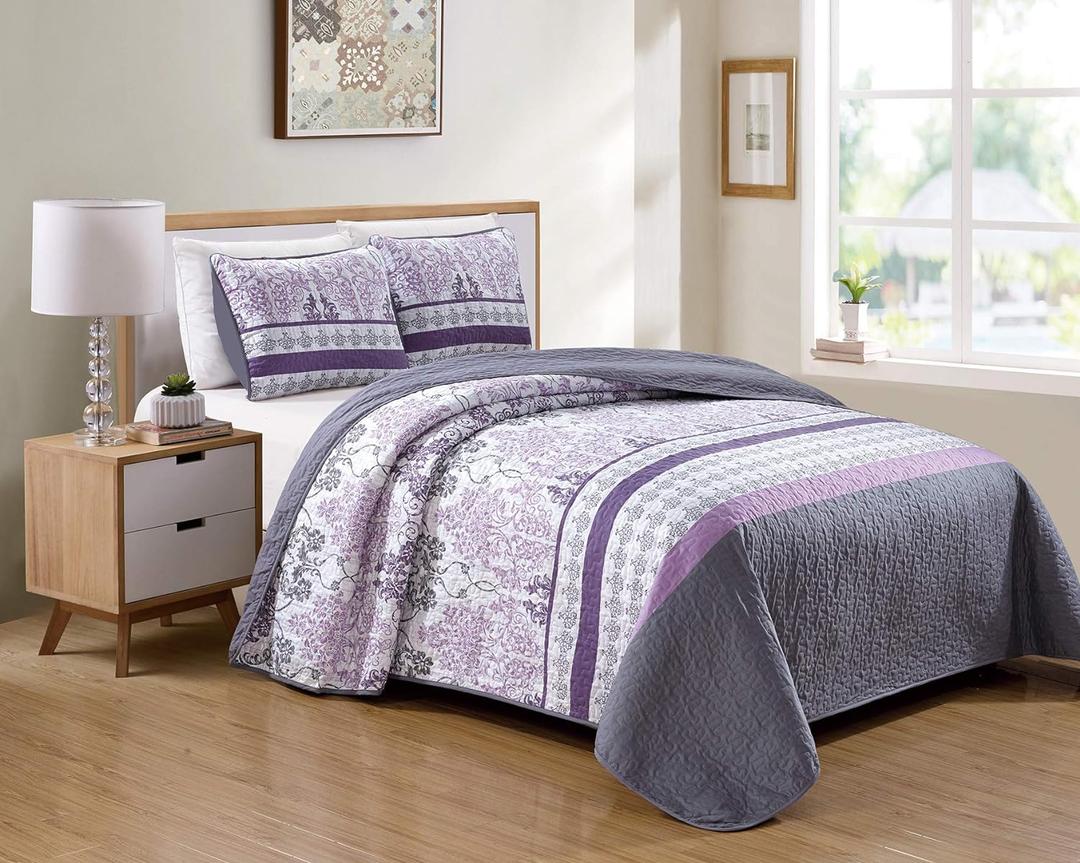 Luxury Home Collection 3 Piece Full/Queen Quilted Reversible Coverlet Bedspread Set Floral Printed Lavender Purple White Gray