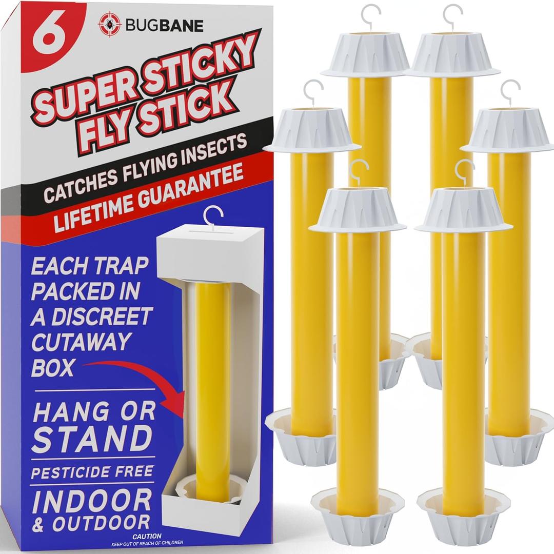 Fly Stick Sticky Fly Traps for Indoors Outdoor 6pk, Non-Toxic Super Sticky Hanging Flies Catcher Paper Tape Strips for Home, Catches All Bugs and Gnat, Indoor Outdoor House Flying Insect Trap