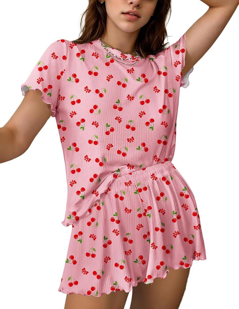 Ekouaer Womens 2 Piece Ribbed Knit Set Colorful Pattern Set Short Sleeve Set Casual Lounge Sets (Medium, C_pink Cherry) Ekouaer Womens 2 Piece Ribbed Knit Set Colorful Pattern Set Short Sleeve Set Casual Lounge Sets (Medium, C_pink Cherry)