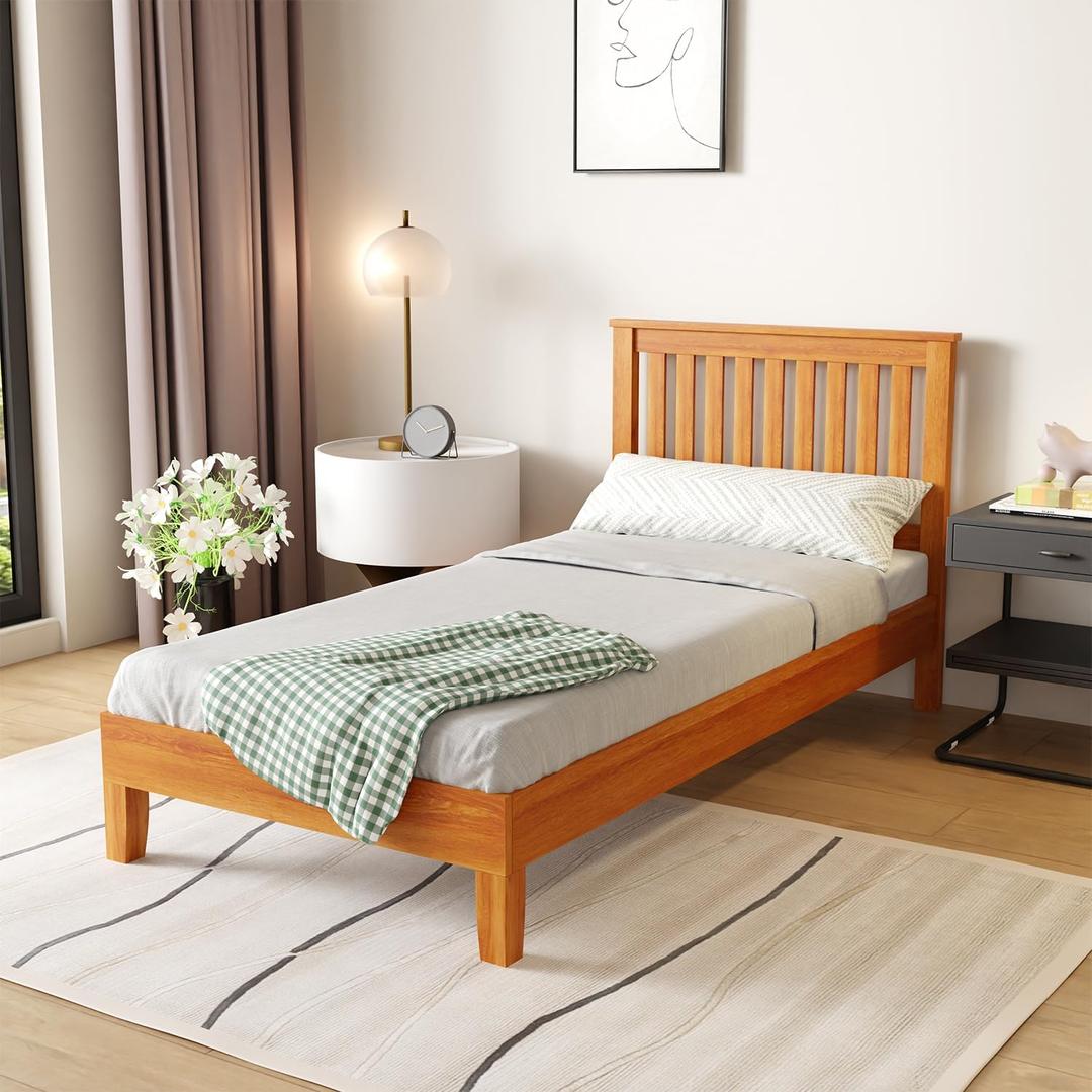 PayLessHere Wood Platform Bed Frame Twin Size Solid Wood Bed Frame with Headboard Wood Slats Support No Box Spring Needed Easy Assembly,Brown