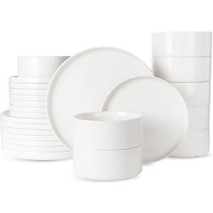Famiware Porcelain Dinnerware Set, 24-Piece Modern Plate and Bowl Set, dish set for 8, Microwave and Dishwasher Safe Tableware, White