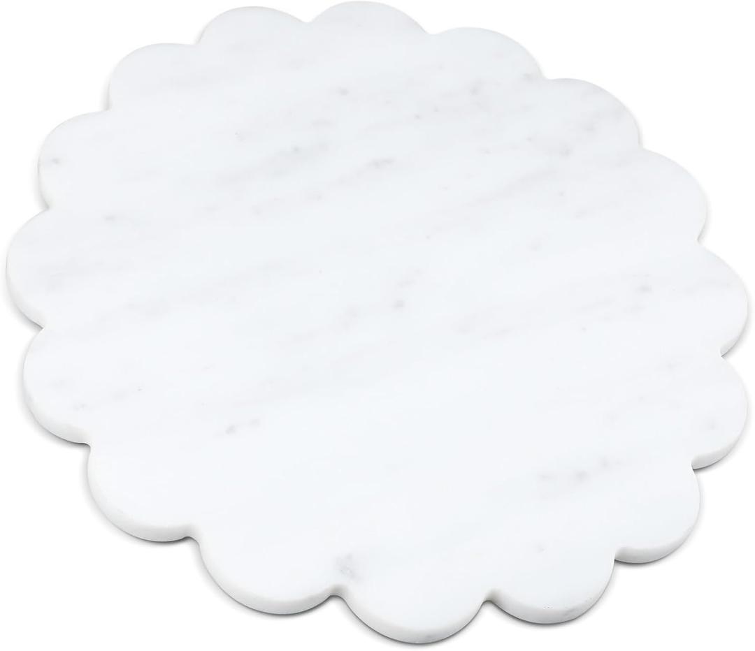 12 Inches Marble Cutting Board Round Marble Tray White Scalloped Board with Non Slip Decorative Pastry Tray for Kitchen Pizza Cake Bread Baking Cheese Display