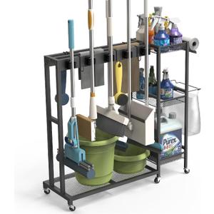 Rolling Cleaning Cart with Wheels, Mop and Broom Holder Organizer, Heavy Duty Utility Cleaning Supply Rack with Storage Shelves & Hooks for Garage, Laundry Room, Kitchen
