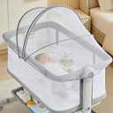 Baby Bassinet, 3-in-1 Portable Bedside Sleeper for Newborn All Mesh Sides Breathable with 6 Height Adjustments, 1-7 Anti-Reflux Incline, Detachable Mosquito Net, Storage Basket & 360 Lockable Wheels