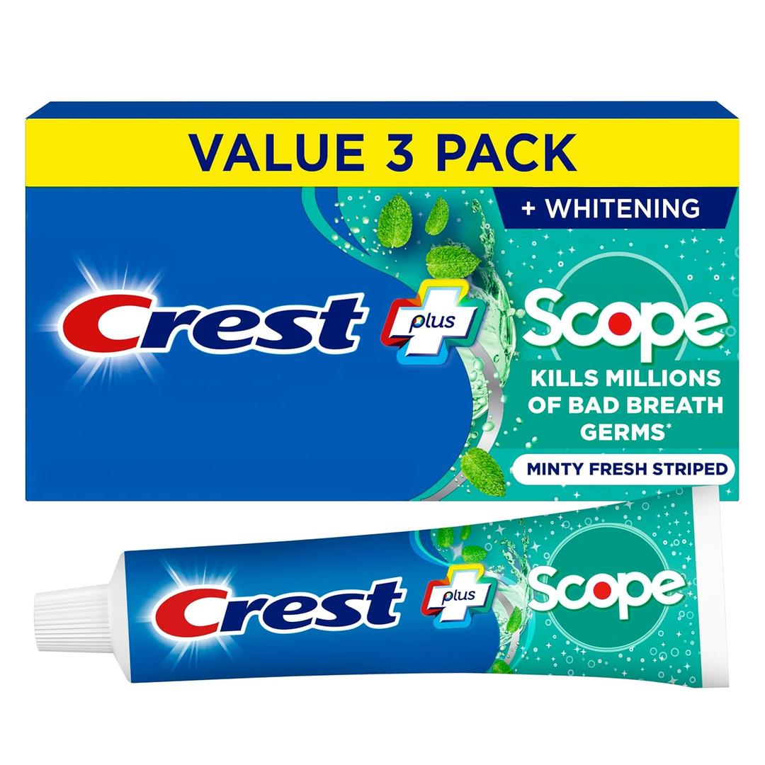 Crest + Scope Whitening Toothpaste - Pack of 3, 5.4 Oz Tubes - Anticavity Fluoride Toothpaste, Fresh Breath, Kills Germs - Tartar Protection, Enamel Protection - Minty Fresh Flavor