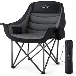 Homcosan Oversized Camping Chairs for Adults, Heavy Duty Padded Outdoor Chairs with Cup Holder and Cooler Pocket, Portable Lawn Chairs, Support 500 lbs, Suitable for Outside Use, Grey, 1 PC
