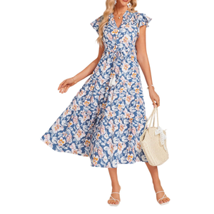 GRACE KARIN Womens Summer Floral Midi Dresses Short Sleeve Beach Wedding Guest Dress Drawstring Long Flowy Dress with Pockets L Light Blue White Floral
