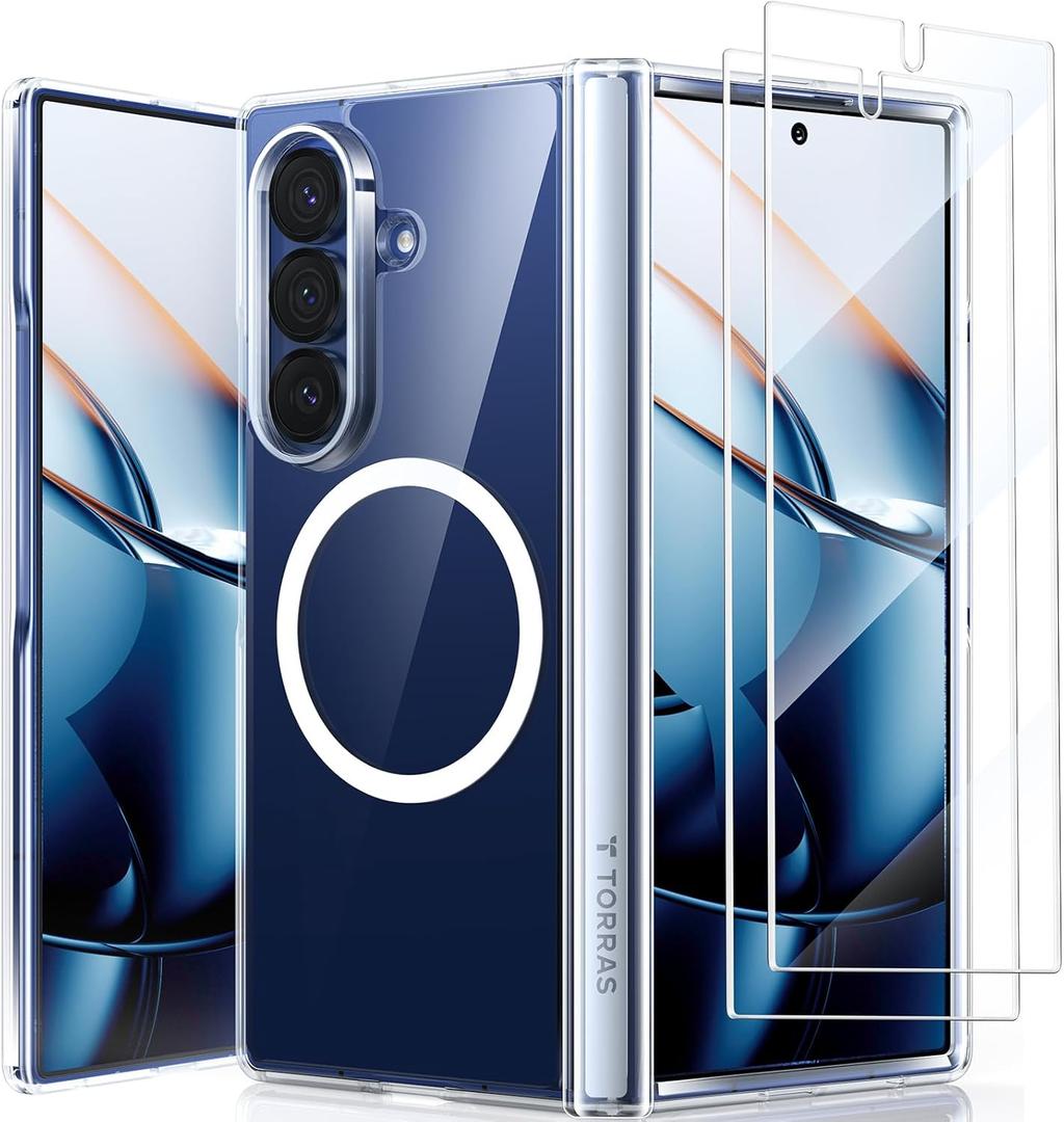 TORRAS Magnetic Shockproof for Samsung Galaxy Z Fold 7 Case Clear with Screen Protector, Fit for MagSafe, 4X Military Grade Hinge Protection, Slim Phone Case for Samsung Z Fold 7, Clear