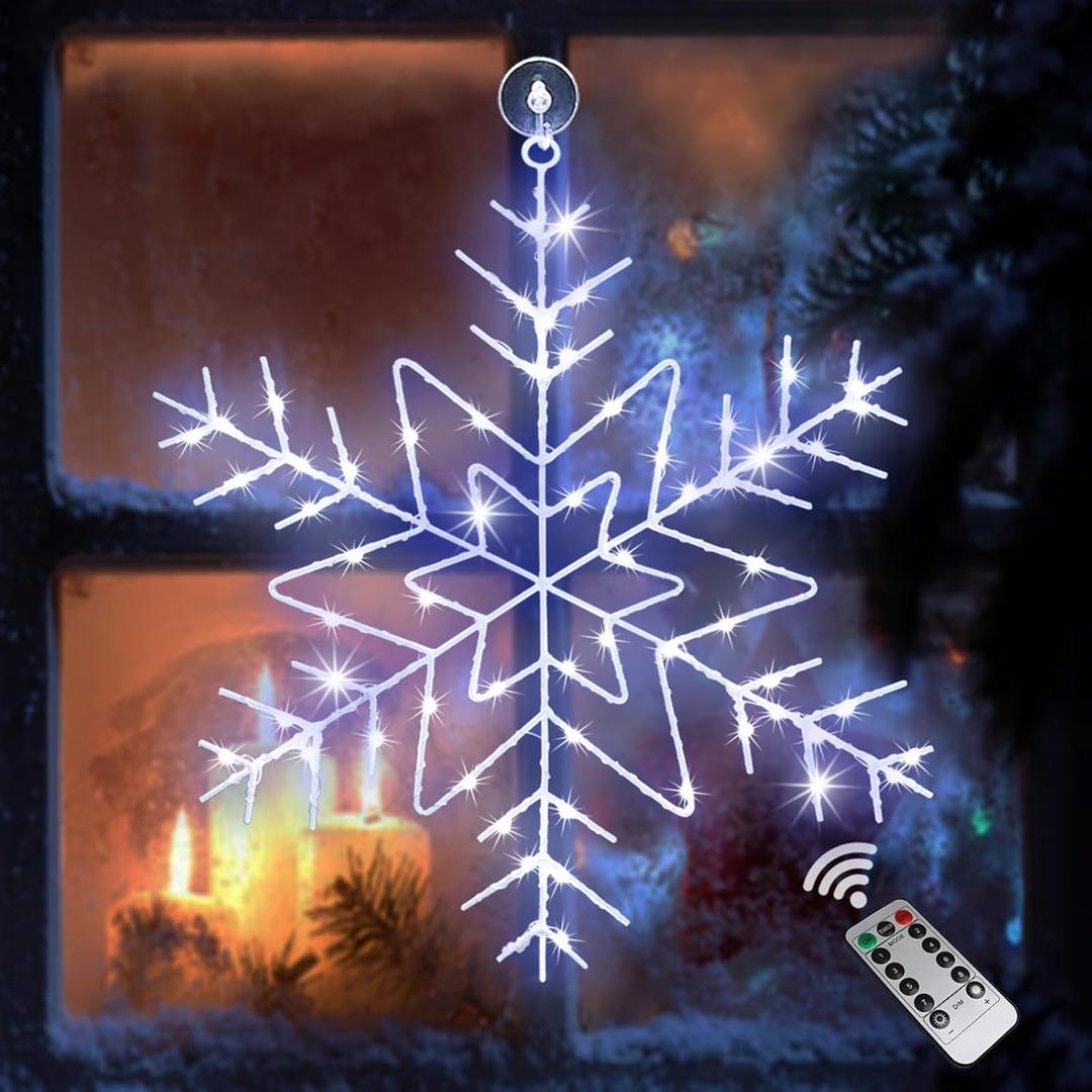 Christmas Snowflake Window Lights Decorations, 14" 63 LED 8 Lighting Modes Cool White Snowflake Light with Remote Control Timer, USB Powered Christmas Silhouette Window Lights for Home Xmas Decor