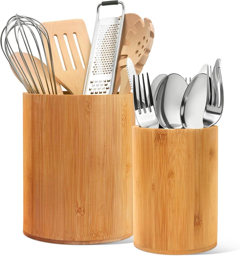 Bamboo Utensil Holder, 7.3"+5.4" Set of 2 Utensil Holders for Kitchen Counter, Bamboo Spoon and Chopstick Organizer, Flatware, Spatula & Silverware Storage Containers, for Countertop & Pantry