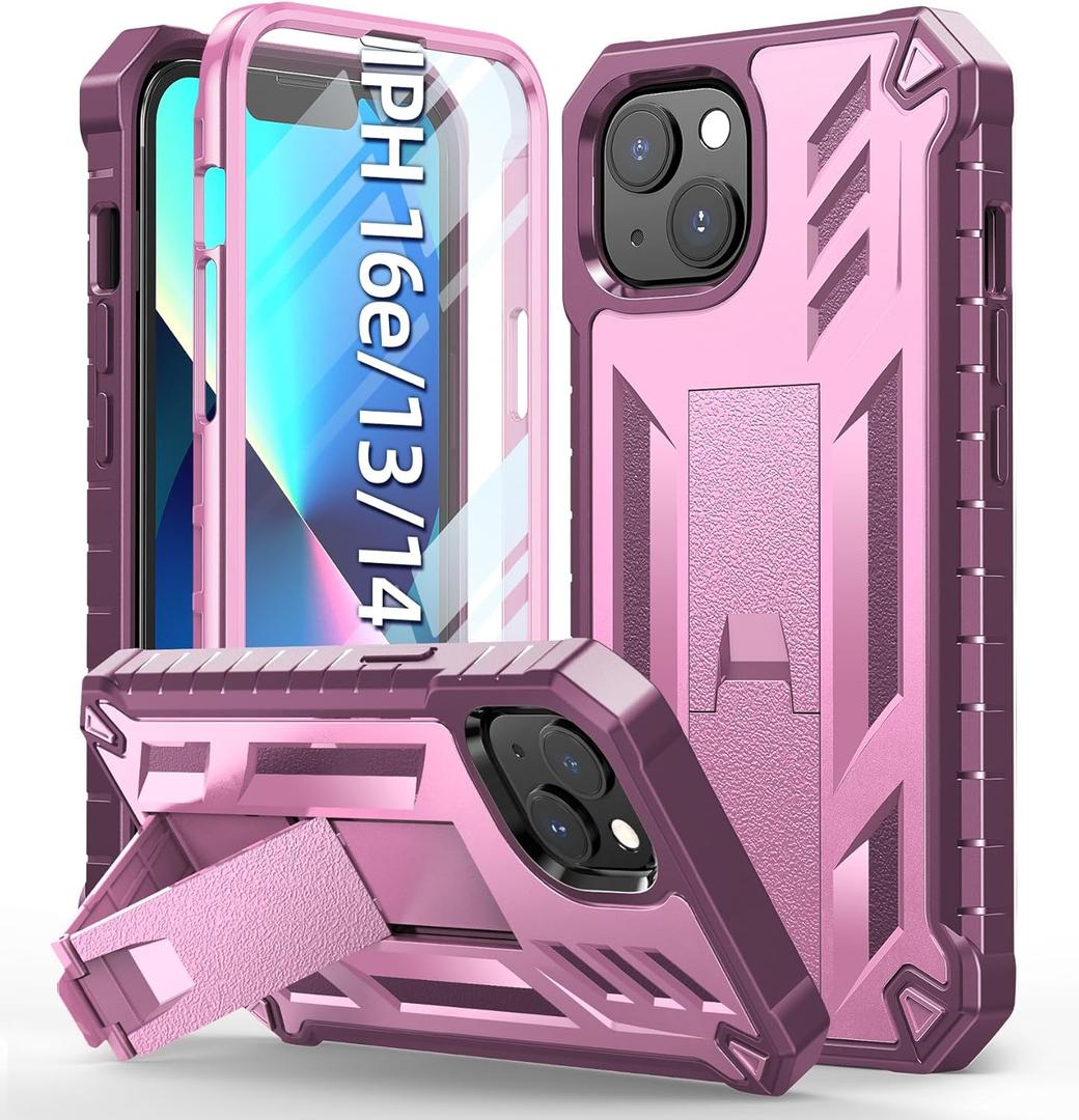 for iPhone 13 Case Protective Cover: for iPhone 14 / iPhone 16e Case Heavy Duty Military Grade Hard Protection Shock Proof Grip | Durable Dual-Layer Design with Built-in Kickstand(Pink Rose) (Pink Rose)