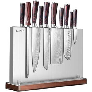 Magnetic Knife Holder, Stainless Steel Magnetic Knife Block without Knives, Strong Double Sided Magnet Knife Storage Strip with Wood Base for Kitchen Counter-Silver (11.81 x 3.14 x 9 Inch)