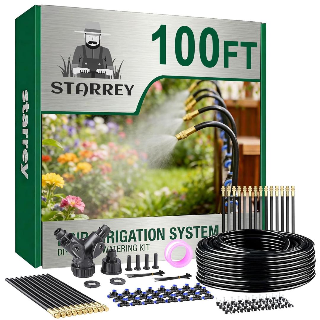 Drip Irrigation System, 2026-Upgrade 100Ft 1/4" Garden Watering System with 24 Pcs 360 Adjustable Copper Nozzles, DIY Kit for Garden, Lawn, Greenhouse, Raised Beds & Outdoor Plants