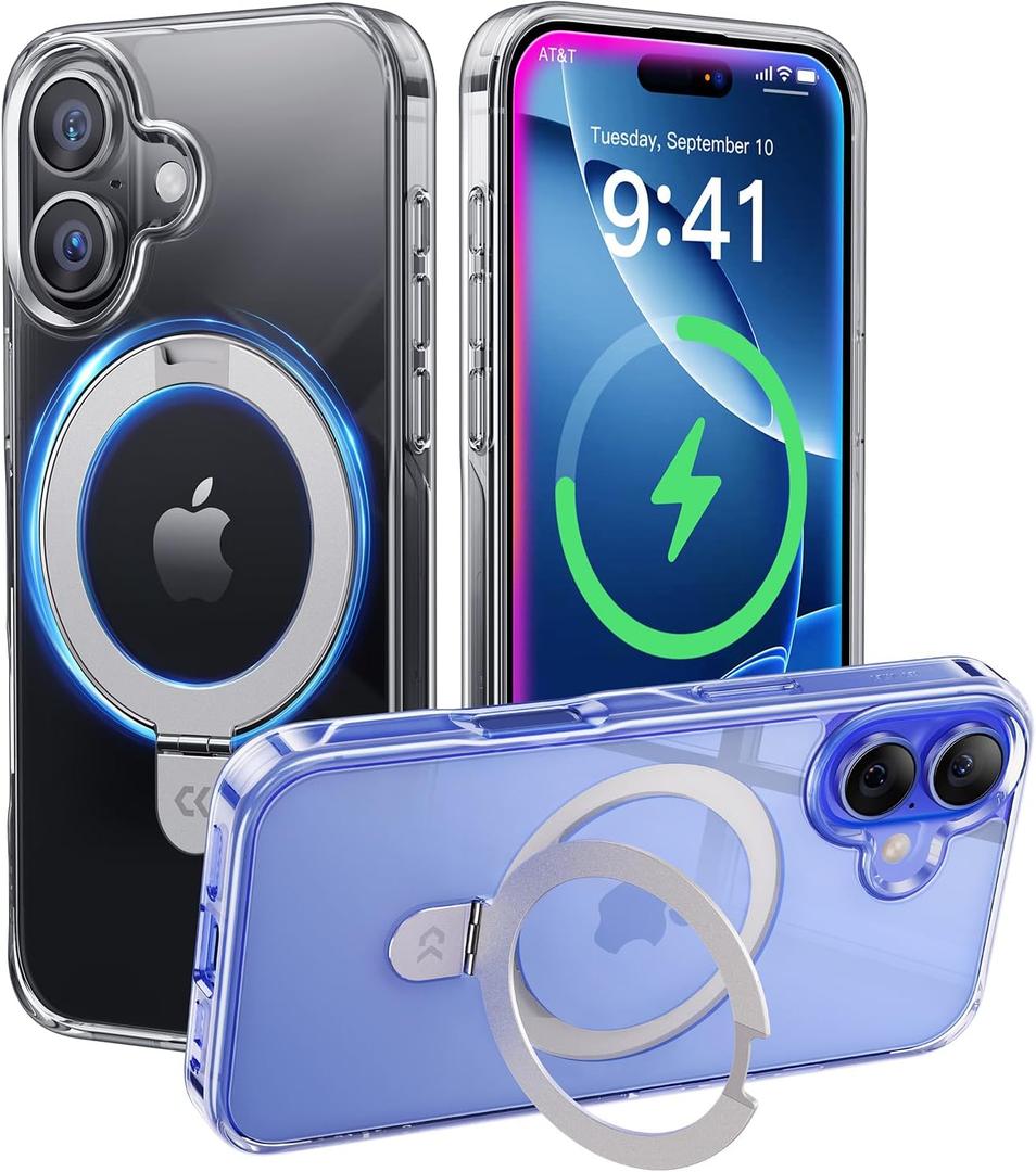 CASEKOO for iPhone 16 Case Clear with Ultra Magnetic Invisible Stand [Compatible with MagSafe] [16FT Military-Grade Protection] Transparent Slim Phone Grip Ring Cover 6.1 inch, Clear