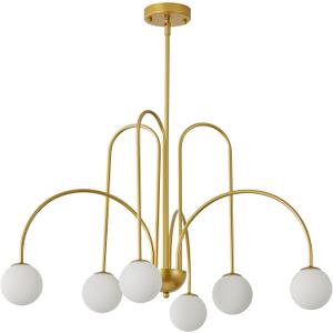 30" Mid Century Arch Chandelier, Large Modern Pendant Light Fixtures with Milk Glass Globe Shades Antique Brass Brush Paint Finish for Dining Room, Kitchen Island, Foyer, Living Room 6-Light