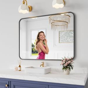Koonmi Bathroom Mirror, 30X40 Inch Black Metal Framed Mirror for Bathroom, Tempered Glass, Anti-Rust, Rounded Rectangle Mirror for Restroom, Bedroom, Black