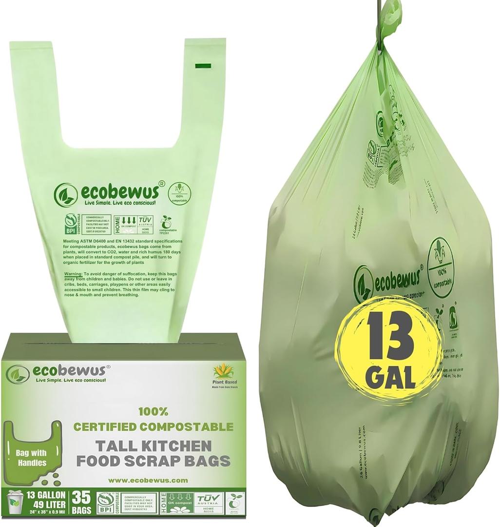 100% Compostable 13 Gallon Bags (35 Bags) Tall Kitchen Food Scrap Disposable Compost Trash Bgas Certified Composte Bags US BPI & OK Compost Home Certified by Meeting ASTM D6400 (35 ct.)