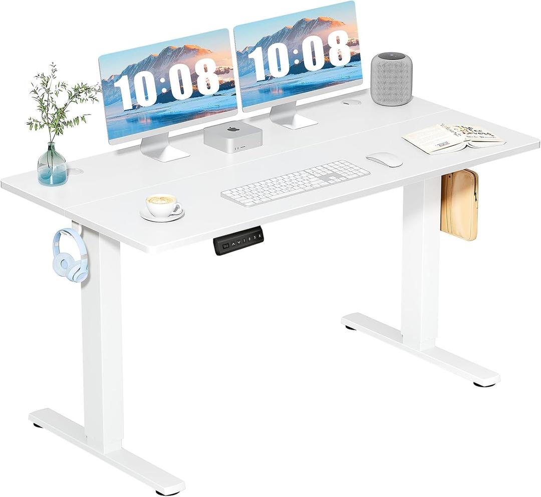 DUMOS 55 Inch Electric Standing Desk Height Adjustable, Sit to Stand Computer Workstations Large Work PC Table Home Office Writing Gaming Desks with Memory Presets for Walking Pad, Bedroom, White