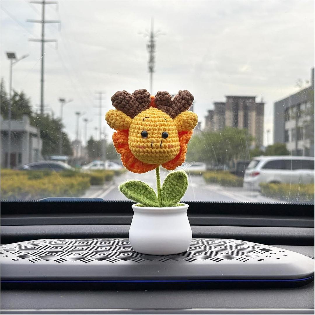 Handmade Crochet Dragon Dashboard Decor - Cute Mini Car Ornament, Knitted Flower & Potted Plant Decor for Home/Office - Perfect Graduation/Birthday/Thank You Gift (Orange Dragon)