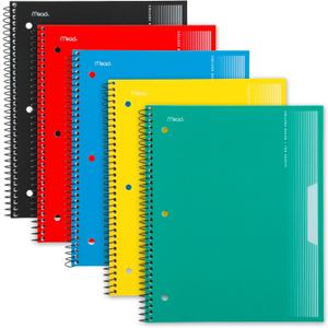 Mead Spiral Notebook, 5 Pack, 1 Subject, College Ruled Paper, Plastic Cover, 8-1/2" x 11", 100 Sheets per Notebook, Assorted Colors (820299-AMZ-TK)