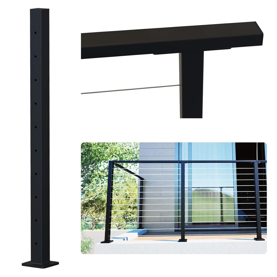 Dawn Railing 36 Heavy-Duty Cable Railing Post, 36x2x2 High Strength Steel End Post with Level Drilled Holes, Black Powder Finishing Surface for Cable Railing System Kit Deck, 1 Pack