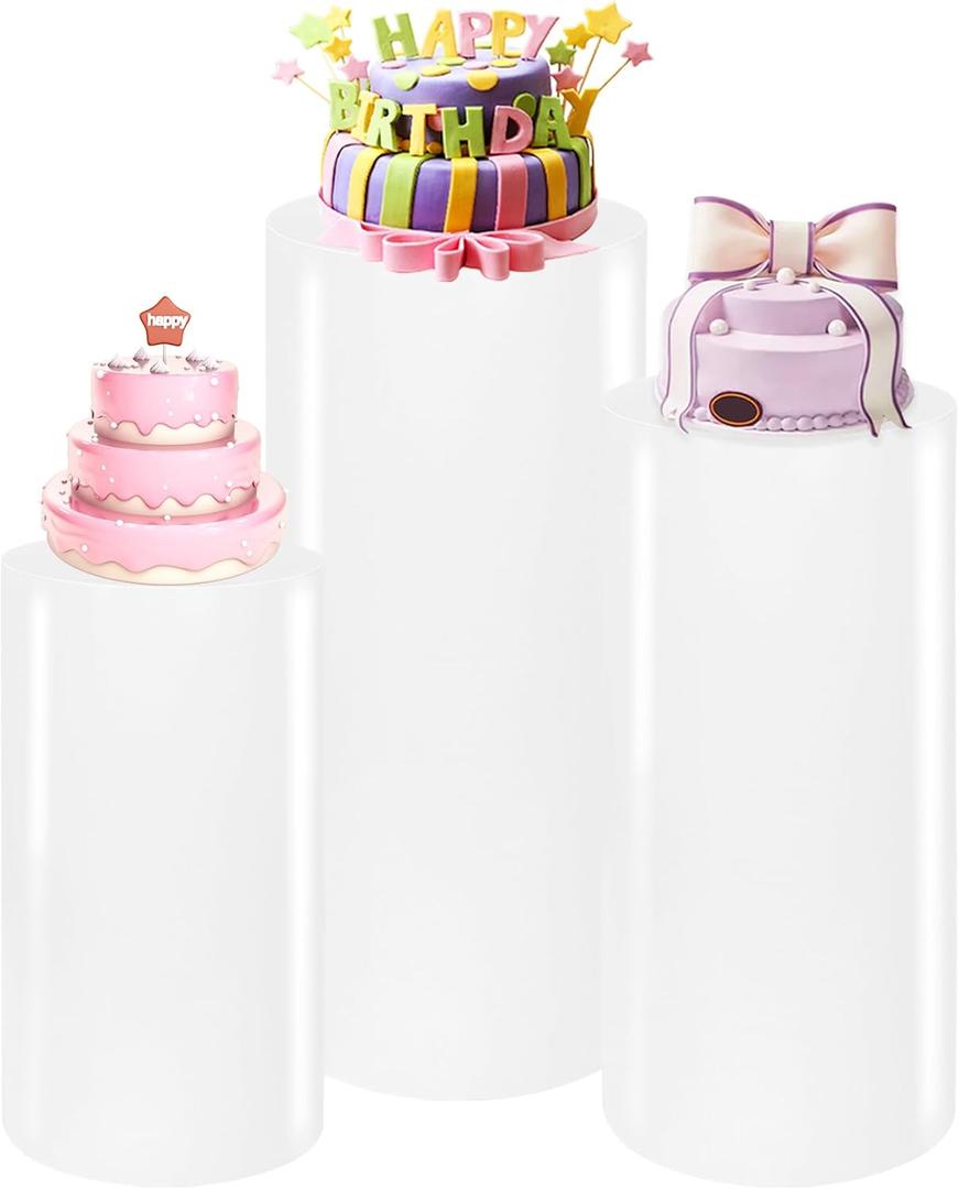 3PCS Cylinder Pedestal Stands for Parties, White Metal Round Cylinder Plinths Dessert Table Display Pillars for Birthday Wedding Bridal Baby Shower Party Decorations(Large)