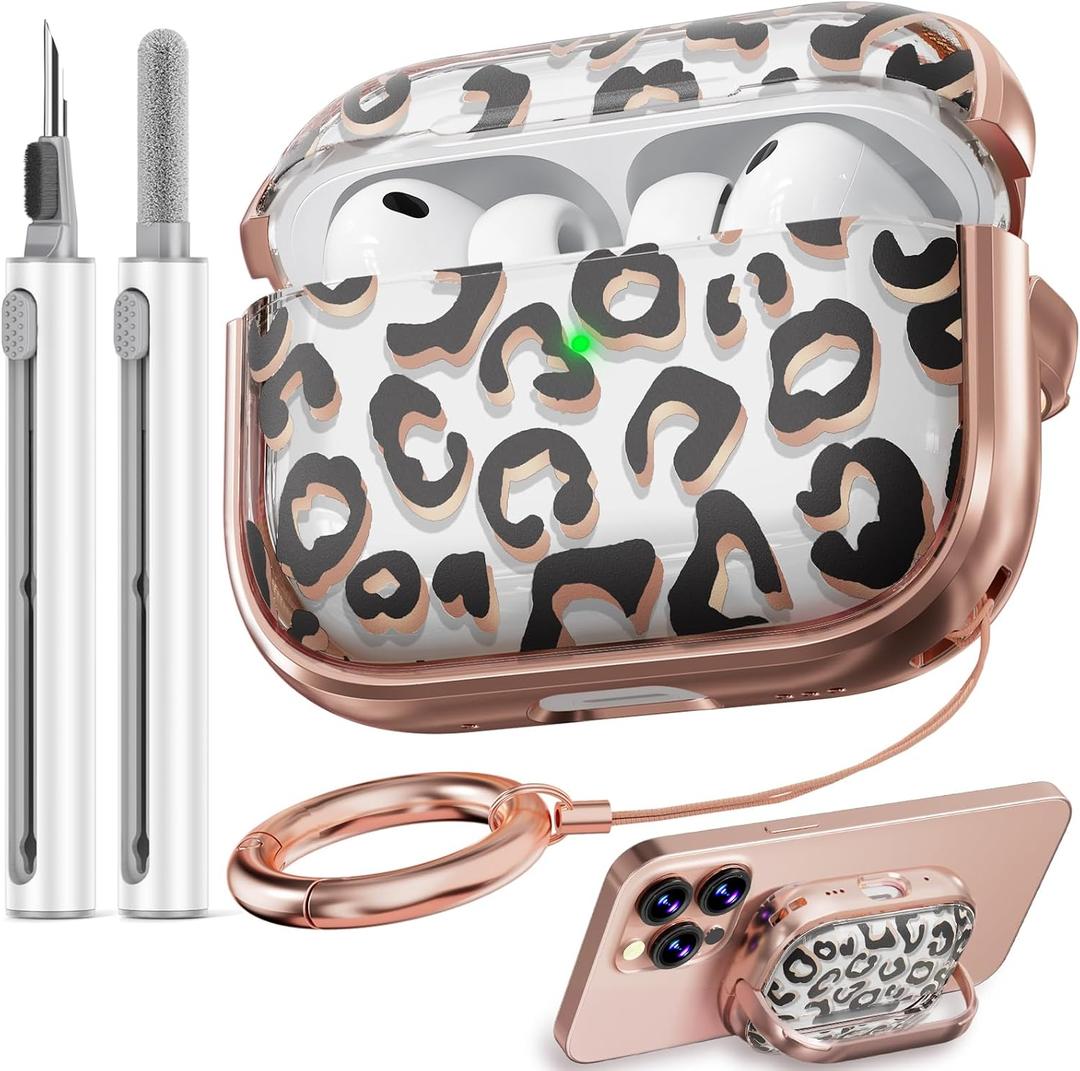 Inesore for AirPods Pro 3 Case 2025 with Lock, for Women Girly Floral Clear Case Compatible with Apple Airpods Pro 3rd Generation Cover, with Phone Stand,Keychain & Cleaner Kit - Leopard Print