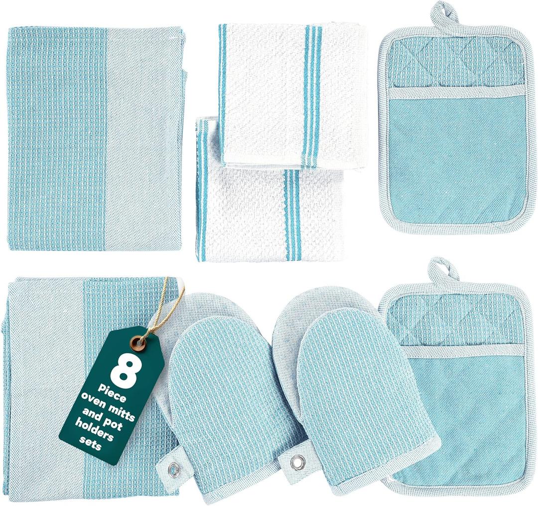 Casa Platino Oven Mitts and Pot Holders Sets, 8-Piece  500F Heat Resistant Mini Oven Mitt with Silicone Grip, Potholders for Kitchens, 2 Kitchen Towels & 2 Dish Cloths  Non-Slip & Durable  Aqua