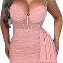 Nagfar Women Sexy Rhinestone Dress Sleeveless Sheer Mesh Short Dresses Birthday Party Club Night Outfits (S2870,Pink,XXL)