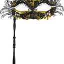 Masquerade Mask with Stick,Venetian Masks for Women Mardi Gras Decoration Carnival Costume Party (Black/Gold-2)