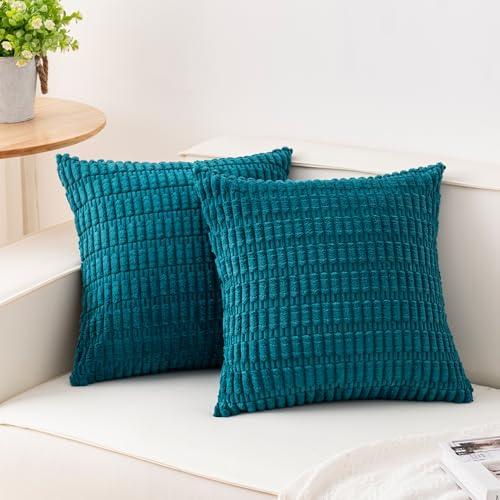 Aegero Pack of 2 Corduroy Decorative Throw Pillow Covers 18x18 Inch Soft Striped Pillow Covers Modern Farmhouse Home Decor for Sofa Living Room Couch Bed（Turquoise）