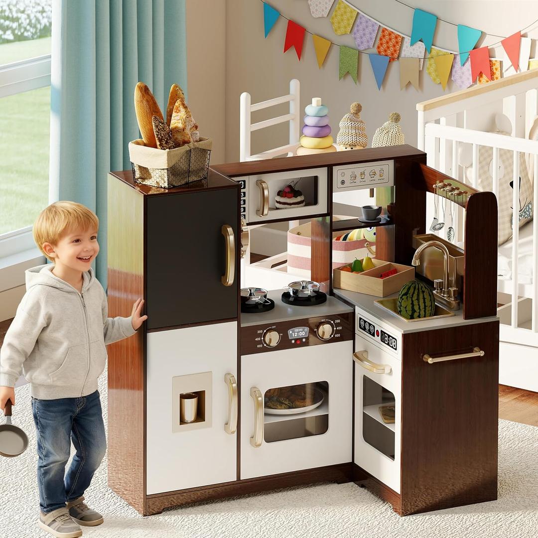 TaoHFE Espresso Corner Play Kitchen with Lights,Kitchen Set for Kids Ages 1-3,Brown Kids Toy Kitchen Set with Pretend Play Accessories Playset for Girls Christmas Presen