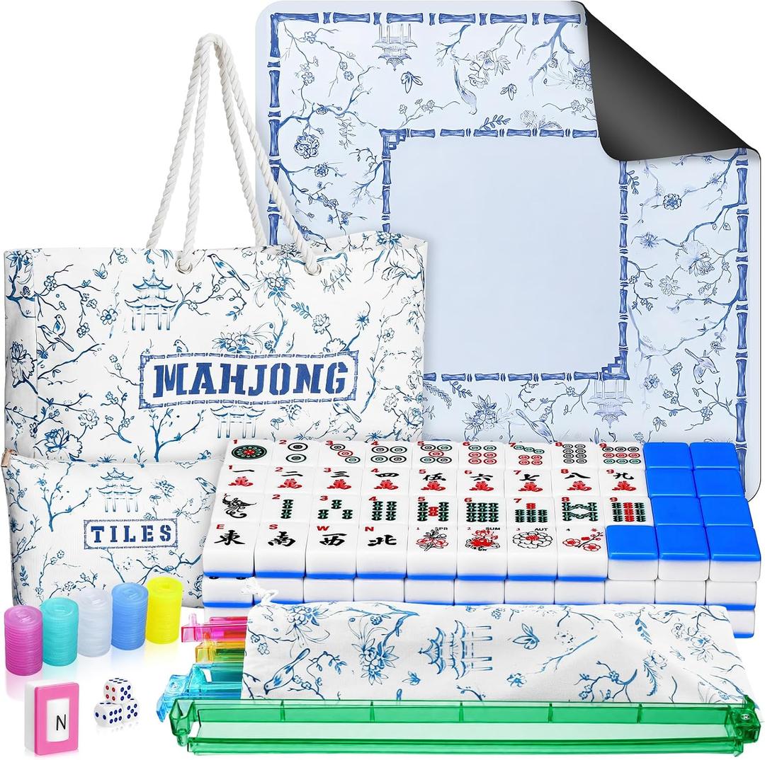 179 Pcs American Mahjong Tile Set with Carrying Bags,Blue Floral, 1.18 x 0.91 x 0.51 inches
