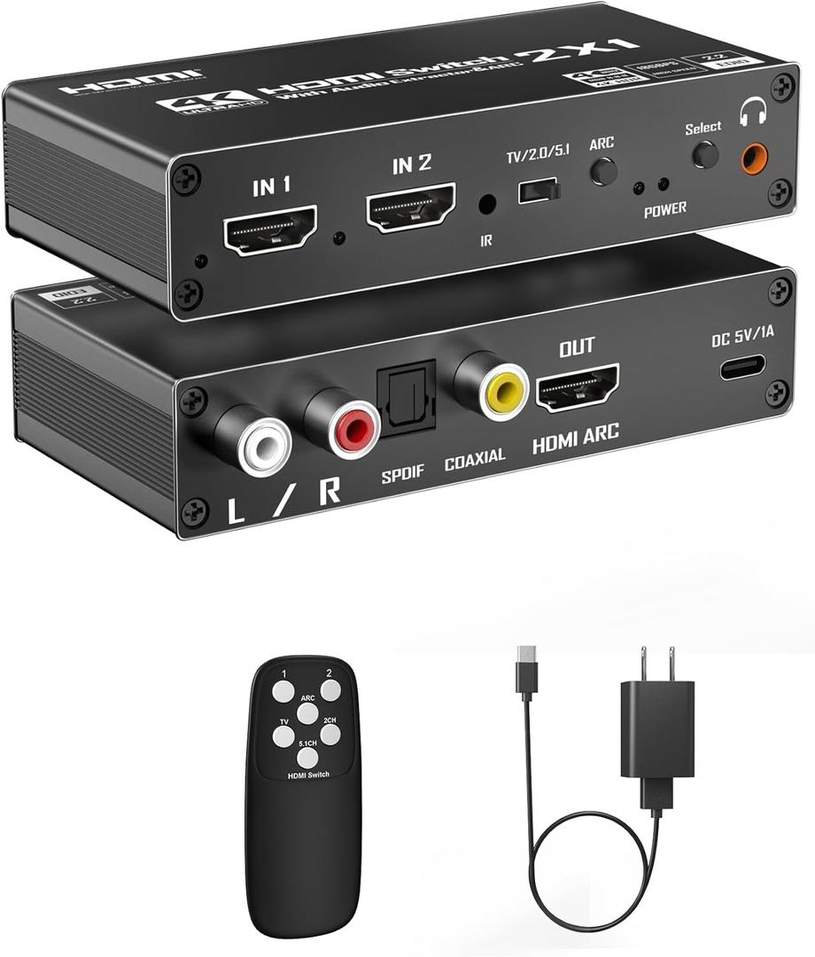HDMI Switch eARC Audio Extractor, 4K@60hz HDMI Audio Splitter with Remote, Support 7.1 Channel Audio/Optical Toslink SPDIF/Coaxial Converter HDR (Black)