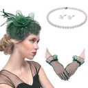 Magibag Fascinators Hats with Gloves Set for Women 20s 50s Cocktail Tea Party Wedding Costume Headwear (B-Blackish Green) (Green)