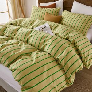 Merryword Khaki & Green Striped Comforter Set Queen, 100% Cotton Reversible Comforter Set 3 Pcs, Luxury Linen Like Bedding, Soft Breathable Lightweight Comforter for All Seasons