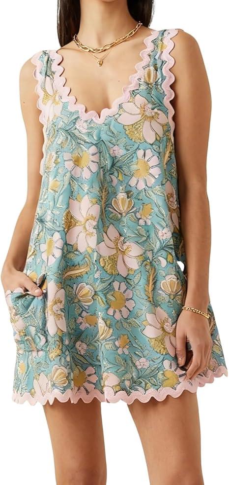Women RIC Rac Floral Boho Mini Dress V Neck Sleeveless Backless Vacation Dress with Pockets Size L
