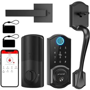 Smart Lock Front Door, SMONET Keyless Entry Door Lock with Handle, Smart Front Door Lock Set Fingerprint Smart Deadbolt Bluetooth Electronic Digital Keypad Lock, Auto Lock Work with Alexa, Black