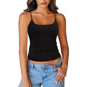 Totatuit Womens Tank Tops Adjustable Spaghetti Straps Scoop Neck Camisole Basic Sleeveless Cami Shirts Cropped Undershirts Summer Black Medium (M)