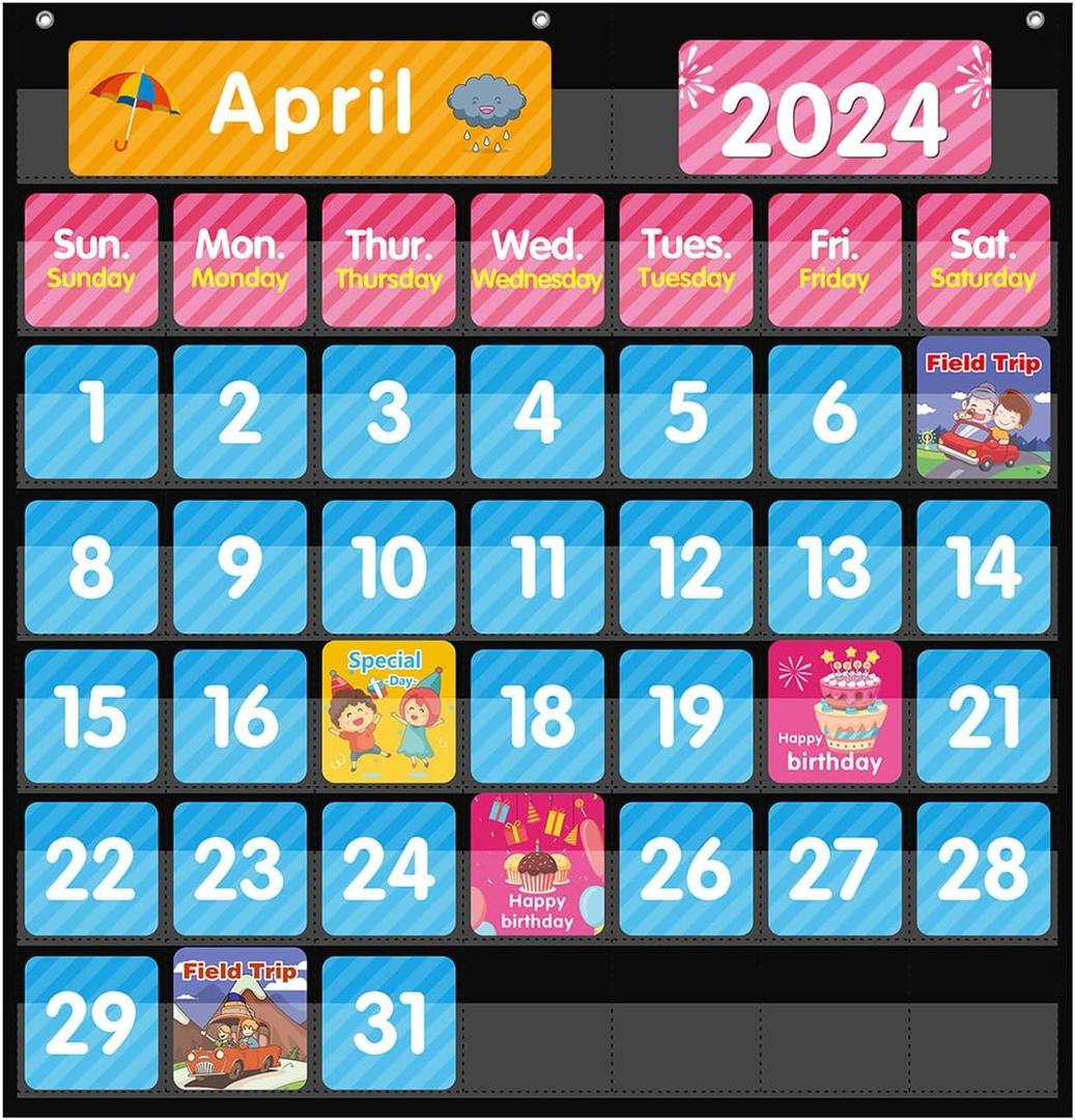 REGELETO Large 44 Pockets Calendar Pocket Chart for Classroom with 85 Cards, Size:25 X 24 Monthly Calendar and Weather Black Pocket Chart for Kids Learning for Home or Kindergarten (44 Pockets)