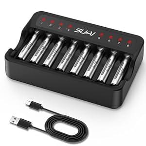 SUKAI Rechargeable AAA Batteries with Charger, 8 Count 1100mAh High Capacity and Lowself Discharge 1.2V NiMH Triple A Batteries, with Smart Battery Charger for AA AAA, USB or TypeC Fast Charging